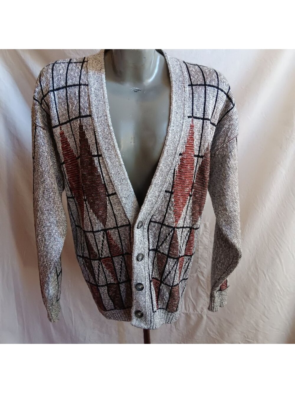True Vintage Cardigan Sweater Large 1990's Ugly Geometric Silver Rayon/Cotton